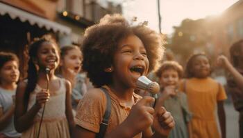 souriant les enfants soufflant bulles dans le lumière du soleil généré par ai photo