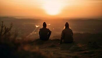 Jeune couple embrasser, profiter beauté dans la nature généré par ai photo