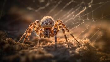 effrayant arachnide rampant sur couvert de rosée araignée la toile généré par ai photo