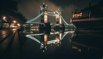 illuminé pont reflète ville horizon sur l'eau généré par ai photo