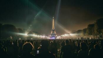 bondé paysage urbain illuminé par bleu éclairage équipement généré par ai photo