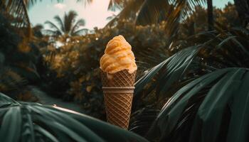 rafraîchissant la glace crème cône apprécié dans tropical paradis généré par ai photo