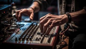 un homme ajustement l'audio équipement dans boîte de nuit généré par ai photo