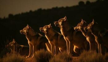 groupe de espiègle chiots en marchant à crépuscule généré par ai photo