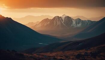 majestueux Montagne gamme, tranquille prairie, rétro-éclairé le coucher du soleil généré par ai photo