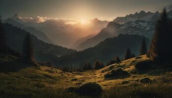 majestueux Montagne gamme, tranquille Prairie à crépuscule généré par ai photo