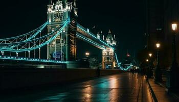 ville la vie illuminé par célèbre pont à nuit généré par ai photo