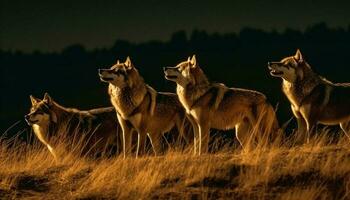 Loup pack hurlement dans le hiver nuit généré par ai photo