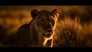 majestueux lionne en marchant par savane à crépuscule généré par ai photo