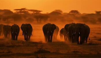 africain l'éléphant troupeau pâturage à Aube lumière généré par ai photo