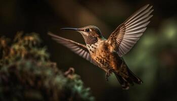 colibri planant milieu air, iridescent plumes propager généré par ai photo