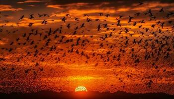 silhouette de mouette en volant dans vibrant le coucher du soleil généré par ai photo