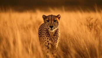 majestueux guépard en marchant dans africain savane herbe généré par ai photo