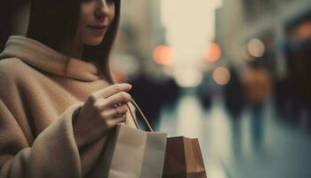 Jeune femme souriant, en portant achats sac en plein air génératif ai photo