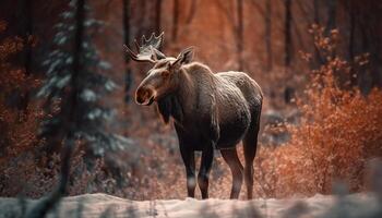 cornu wapiti broute dans neigeux forêt Prairie génératif ai photo