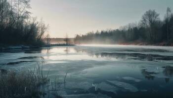 tranquille scène de congelé étang dans hiver génératif ai photo
