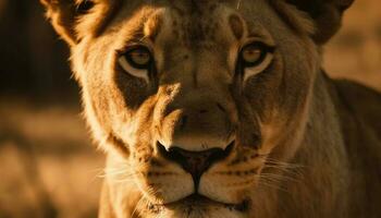 majestueux lionne en regardant, alerte dans le région sauvage généré par ai photo