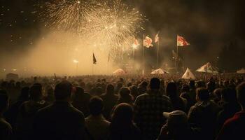 grand foule fête Quatrième de juillet feux d'artifice afficher généré par ai photo