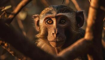 poilu macaque en regardant, proche en haut portrait dans forêt généré par ai photo