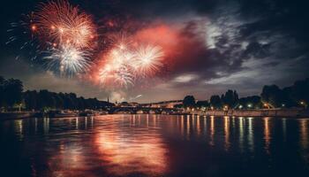 multi coloré feux d'artifice éclairer ville horizon à nuit généré par ai photo