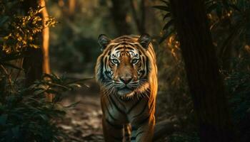 Bengale tigre en marchant majestueusement dans tropical forêt généré par ai photo