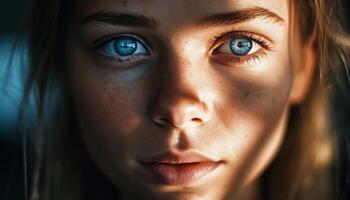 mignonne caucasien fille avec bleu yeux souriant en plein air généré par ai photo