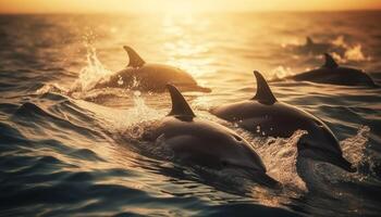 espiègle dauphins éclabousser dans le le coucher du soleil mer généré par ai photo