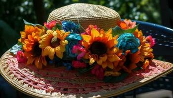 Frais fleur tête décoration dans multi coloré paille chapeau généré par ai photo