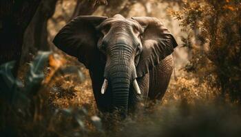 grand africain l'éléphant en marchant par inculte région sauvage généré par ai photo