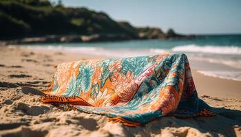 bain de soleil sur sable, serviette, relaxation, et chaleur généré par ai photo