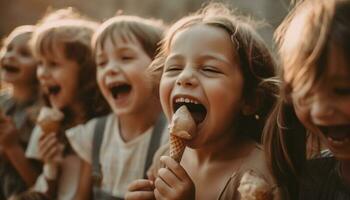 souriant les enfants en portant la glace crème, profiter été généré par ai photo