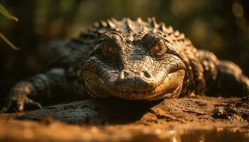 effrayant alligator rampe par humide tropical marais généré par ai photo