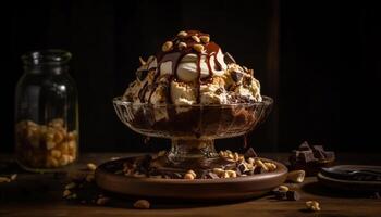 sucré Chocolat la glace crème sundae sur rustique bois généré par ai photo