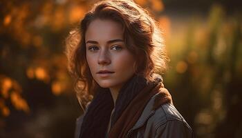 Jeune femme dans l'automne forêt, rayonnant confiance généré par ai photo