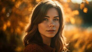 Jeune femme souriant, à la recherche à caméra en plein air généré par ai photo