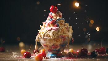 indulgent la glace crème sundae avec baie garnitures généré par ai photo