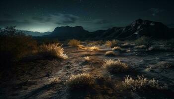 majestueux Montagne gamme, tranquille scène, clair de lune beauté généré par ai photo