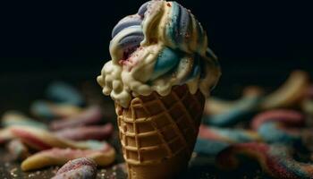 indulgent la glace crème cône avec fruité garnitures généré par ai photo
