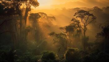 mystérieux Montagne forêt à aube, tranquille beauté généré par ai photo