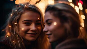 souriant Jeune femmes embrasse dans embrasé Noël lumières généré par ai photo