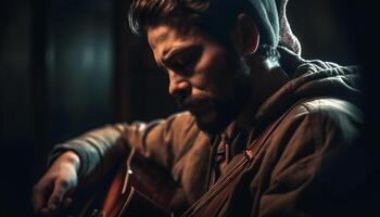 Jeune caucasien guitariste en jouant acoustique guitare à nuit généré par ai photo