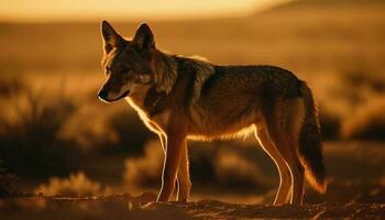 gris Loup permanent dans tranquille crépuscule région sauvage généré par ai photo