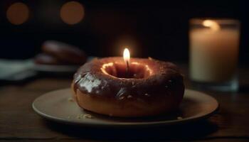 gourmet dessert assiette avec Chocolat Donut indulgence généré par ai photo