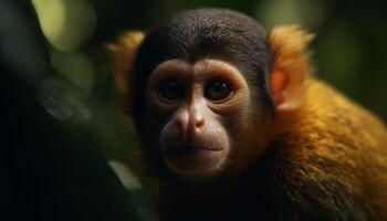 mignonne Jeune macaque regarder avec sélectif concentrer généré par ai photo