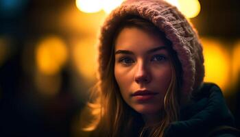 Jeune femme souriant dans hiver nuit en plein air généré par ai photo