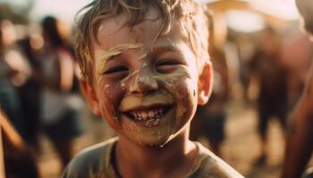 souriant les enfants en jouant dans le boueux l'eau généré par ai photo