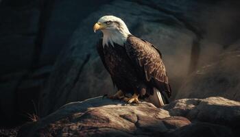 majestueux chauve Aigle se percher sur branche en plein air généré par ai photo