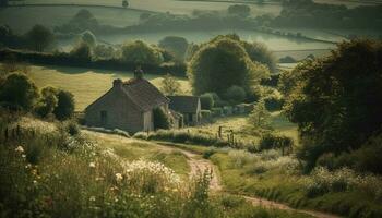 vieux ferme dans tranquille Prairie entouré par la nature généré par ai photo