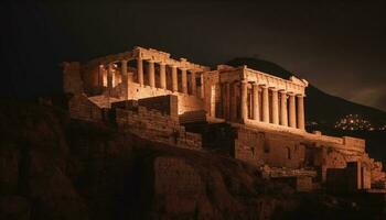 ancien ruines illuminé à crépuscule, majestueux histoire généré par ai photo