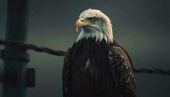 majestueux chauve Aigle perché sur bifurquer, en train de regarder généré par ai photo